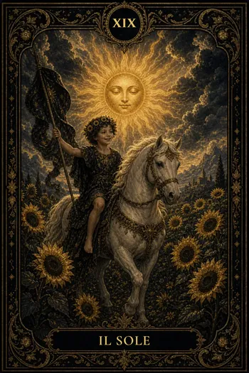 La carta del Sole del mazzo Obsidian Arcana presente in Selene, con il numero XIX e il titolo